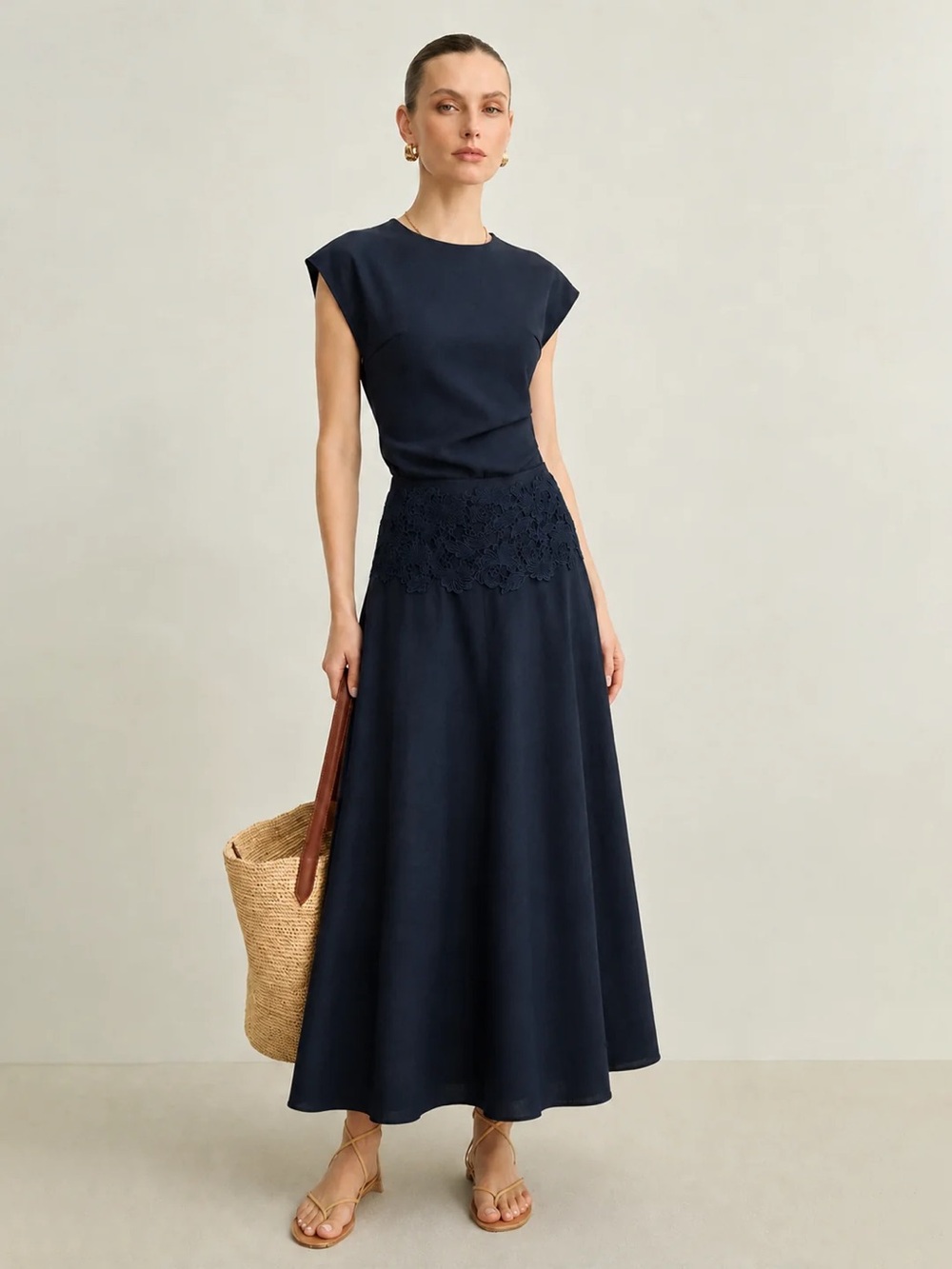 Commense Cotton Linen Top & Lace Waist Skirt Set